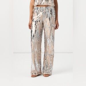 Noisy May Nude Sequin Wide-Leg Pants with Silver Accents